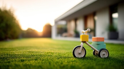 Fototapeta premium A wooden toy bicycle sits on a vibrant green lawn with a modern house in the background, bathed in sunlight.
