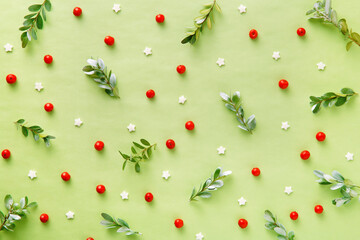 Festive arrangement of green leaves, red berries, and star-shaped candies on a light green...