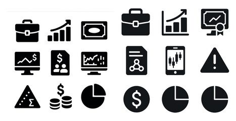 Business and finance solid icons set &ndash; filled, investment, economic symbols