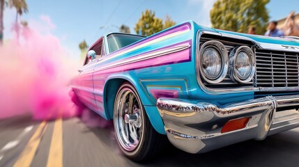 A vibrant lowrider car drifts on the street, filling the air with a cloud of pink smoke. The custom paint job catches the light.