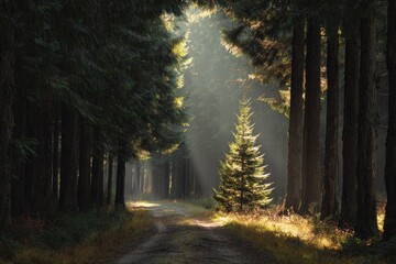 Sunlight streams through a dense forest path