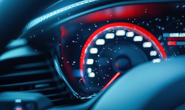 A close-up view of a car's illuminated dashboard, showcasing speedometer, and gauges with a futuristic look.