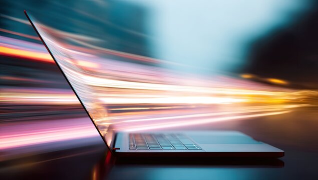 Modern laptop with a blurred city light trail on its screen, depicting speed and connectivity