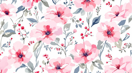 Floral pattern of pink flowers and leaves on a white background, seamless pattern with flowers