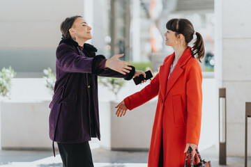 Two female friends meeting outside in a city setting, with bright and fashionable outfits...