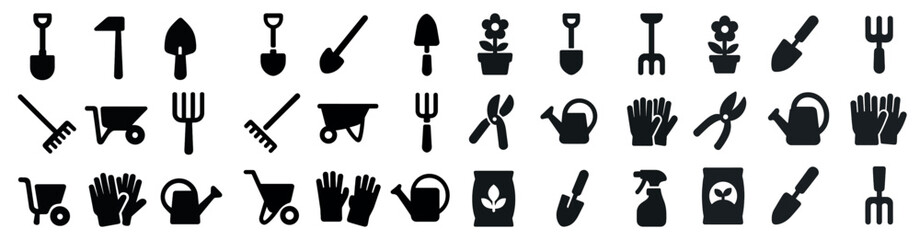 Gardening tools solid icons set &ndash; silhouette, filled, horticulture and landscaping