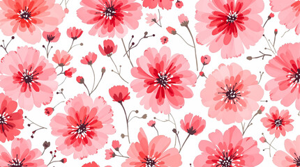 Floral pattern of red flowers and leaves on a white background, seamless pattern with flowers