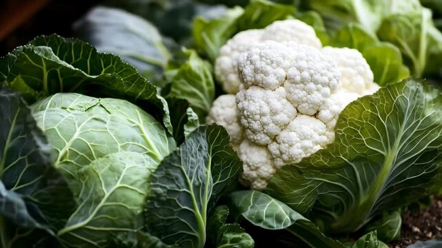 Close-up of fresh cauliflower and cabbage heads
