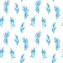 Seamless watercolor floral pattern in blue tones. Hand drawn line illustrations of wild herbs, flowers, and leaves with a watercolor effect.