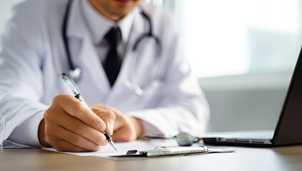 Fototapeta premium Doctor writing on clipboard