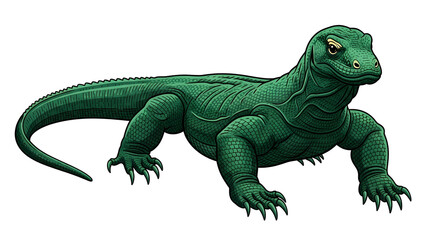 Obraz premium Detailed Green Komodo Dragon Illustration on White Background, Reptile Art
