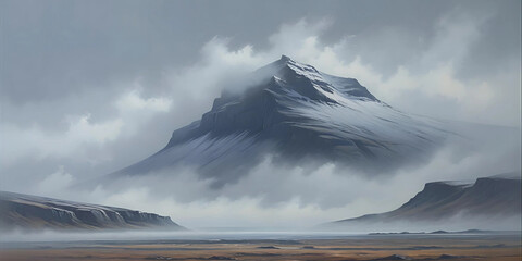 A breathtaking panoramic view of a majestic snow-capped mountain range, partially veiled by soft, ethereal clouds and mist, creating a serene and timeless atmosphere in a vast, untouched landscape.