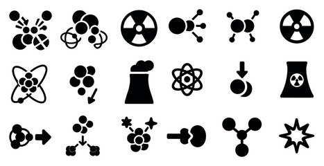 Fototapeta premium Science and chemistry silhouette icons set – solid, atom, molecular structure symbols