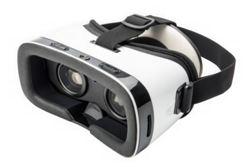 White virtual reality headset with black straps isolated on transparent background