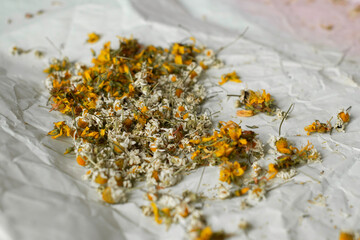 Dried parts of medicinal chamomile: flowers, leaves and stems.