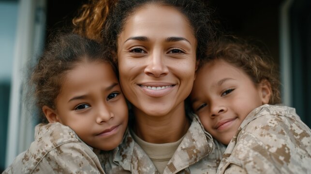 Smiling female soldier embracing her two children in a happy reunion