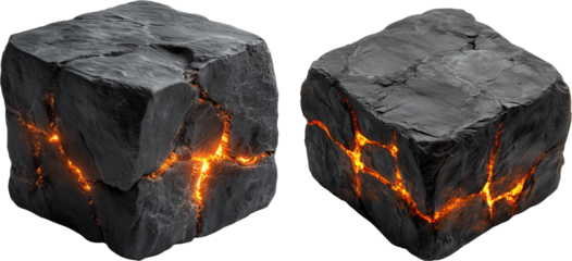 two blocks of dark charcoal with glowing orange cracks running through them. The contrasting colors create a dramatic effect, charcoal cube png