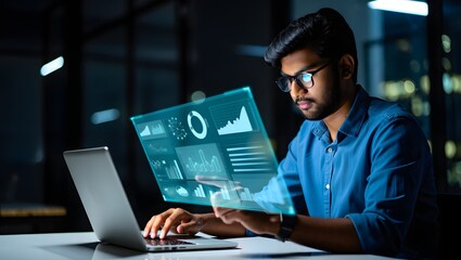 Man analyzing data with futuristic interface on laptop for business intelligence