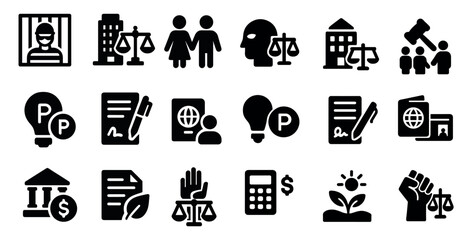 Justice and law solid icons set &ndash; legal, silhouette, court and scales symbols