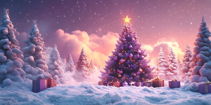Snowy forest with purple Christmas tree and gifts winter