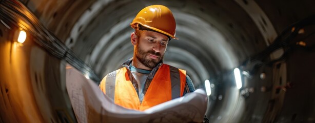 The engineer analyzing blueprints in a construction tunnel environment.