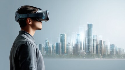 Man wearing VR headset experiencing futuristic cityscapes in advanced virtual reality