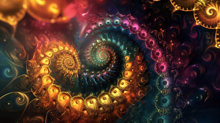 Abstract Golden Spiral:  Intricate Fractal Art, Dark Fantasy, Mystical,  Cosmic Energy, Rich Jewel Tones.