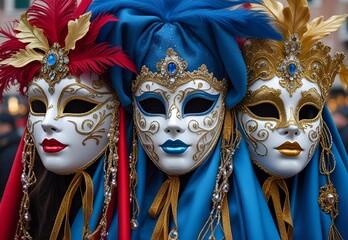 Close-up of ornate carnival masks with blue, red, and gold details, luxurious textures, renaissance style