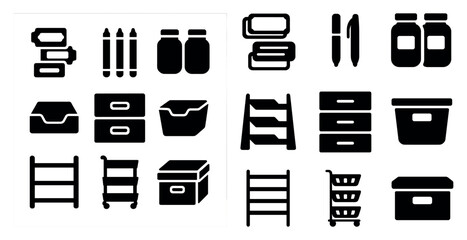 Storage and organization solid icons set – filled, flat, shelving and container symbols