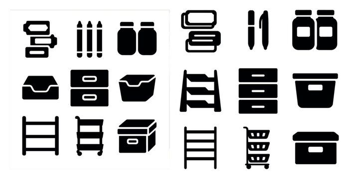 Storage and organization solid icons set – filled, flat, shelving and container symbols