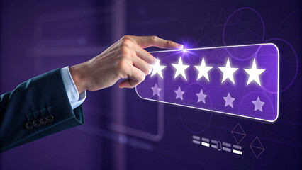 Hand Giving Five Stars on Glowing Purple Interface