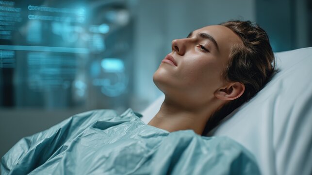 Young patient lying in hospital bed with futuristic medical interface display