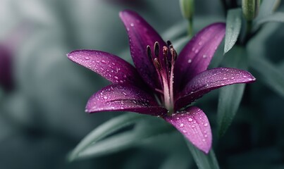 In a softly focused scene, a single, fully bloomed purple lily with a closed bud is delicately illuminated against a blurry, foliage-filled background