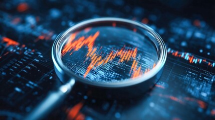 A magnifying glass reveals a complex graph, highlighting data and financial analysis on a digital screen.