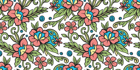 Fototapeta premium Seamless floral hand drawn detailed pattern, bouquet of flowers, red lines and white background