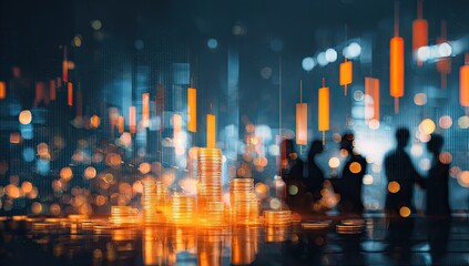 Abstract financial cityscape with blurred figures