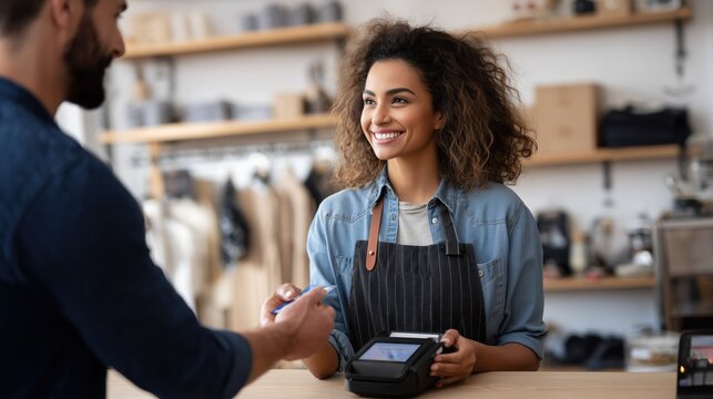 Friendly shopkeeper accepting a credit card payment from a satisfied customer
