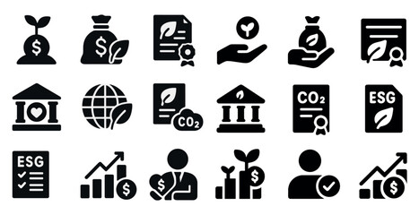 Finance and esg solid icons set – sustainability, economic growth symbols