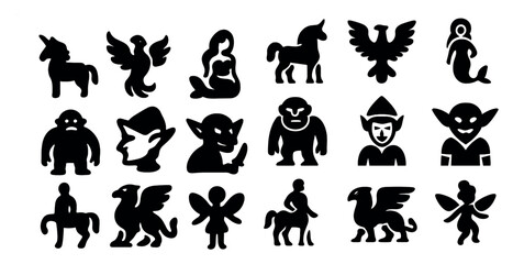 Fototapeta premium Mythical creatures silhouette icons set – filled, fantasy, magical symbols