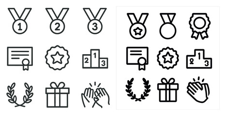 Award and achievement icons set – outline, linear, certificate and medal symbols