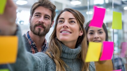 Team brainstorming session with sticky notes in a collaborative office setting