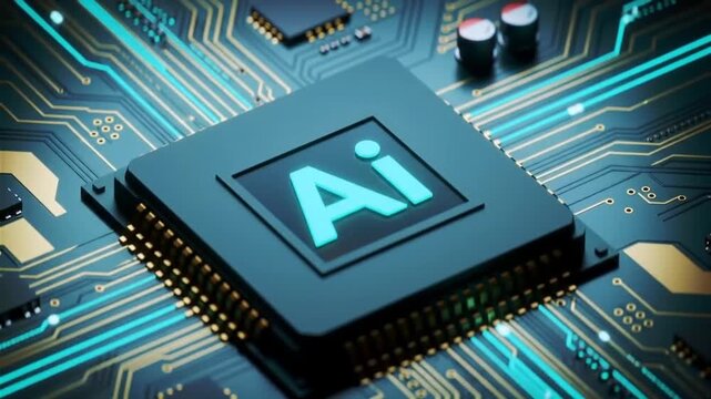 Artificial intelligence on Microchip: A vibrant depiction of the future where AI technology is embedded on the core of a modern microchip. The scene is dominated by a cutting-edge circuit board