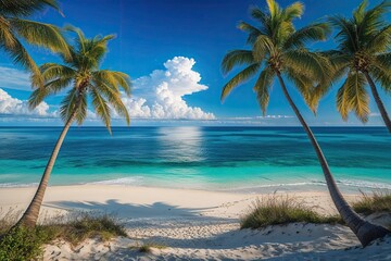 Naklejka premium Mesmerizing Beach Vista Framed by Waving Palm Trees and Clear Ocean Under a Bright Azure Sky