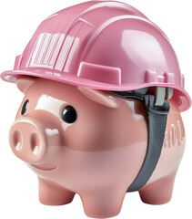 a piggy bank wearing a pink hard hat, representing financial security and savings in the construction or related industry