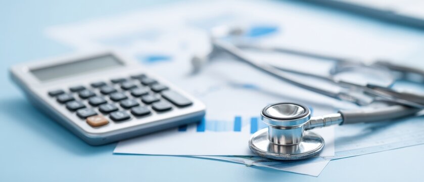 The stethoscope and calculator on healthcare financial documents