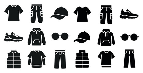 Clothing silhouette icons set – solid, filled, apparel and fashion symbols