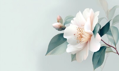 An exquisite white flower, paired with lush green leaves and a slender branch, stands out against a pale, softly focused background, epitomizing a beautiful, elegant botanical design