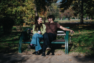 A young couple sitting on a park bench, enjoying a sunny day. Surrounded by greenery, they share a...