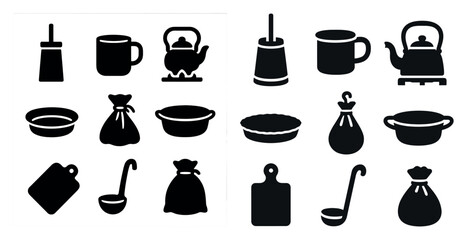 Kitchen utensils solid icons set – classic, filled, cooking and baking essentials