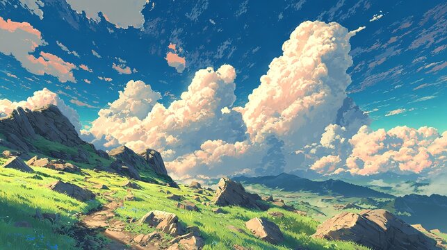 A serene mountain vista under a boundless sky filled with towering ethereal clouds bathed in a warm inviting sunlight